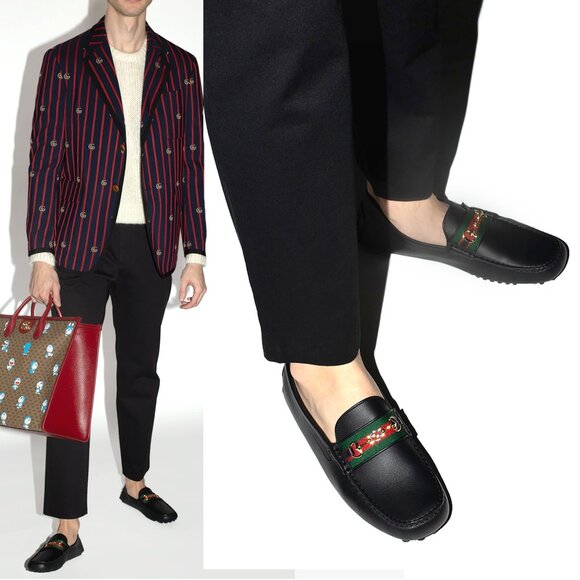 GUCCI SHOES MENS BLACK LEATHER HORSEBIT LOGO DRIVER LOAFERS w WEB sz 13 13.5 - Picture 2 of 16